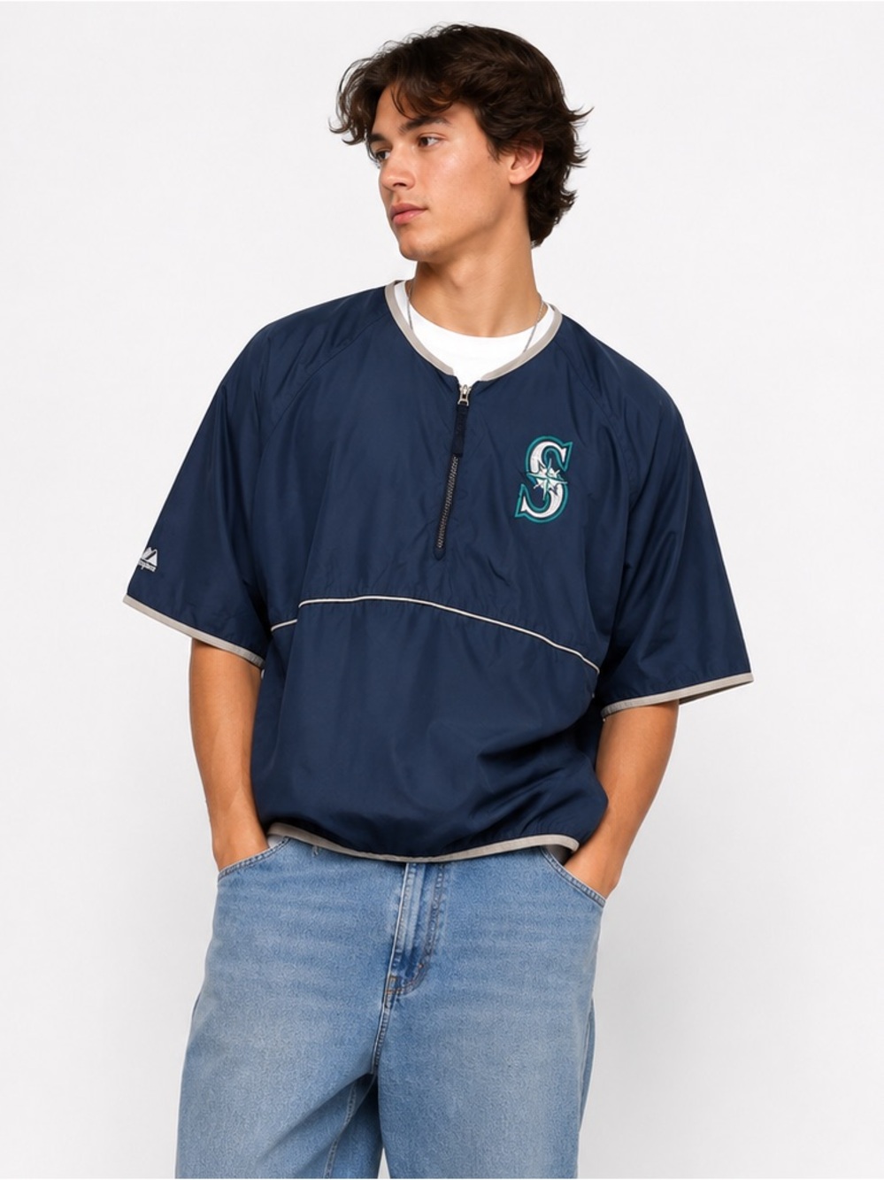 Vintage Majestic Seattle Mariners Pullover Windbreaker Large Navy MLB